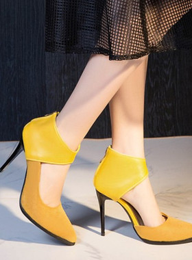 性感黄色高跟单鞋拼接显瘦尖头高跟鞋大码44 45 46 47 48 49 50码