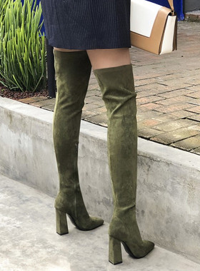 军绿色过膝靴弹力靴超高跟显瘦酒红色粗跟长靴大码44 45 46 47 48