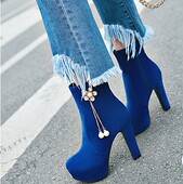 珍珠水钻吊坠链条粗高跟短靴蓝色大码 高跟短靴40