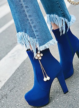 珍珠水钻吊坠链条粗高跟短靴蓝色大码高跟短靴40 41 42 43 44 45