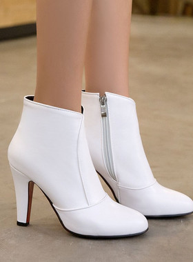 休闲百搭红色高跟靴子白色粗跟短靴大码45 46 47 48 49 50 51 52