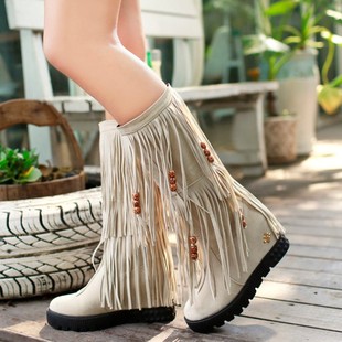 秋冬款磨砂皮高筒靴民族风串珠女靴子内增高流苏靴大码40-44码