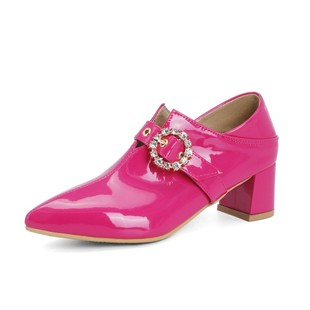 糖果色漆皮粗中跟单鞋 大码 水钻皮带扣深口鞋