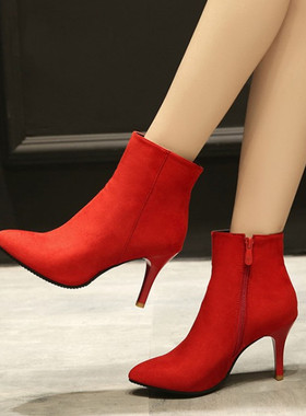 休闲百搭绒面磨砂皮蓝色高跟短靴红色尖头靴子大码46 47 48 49 50