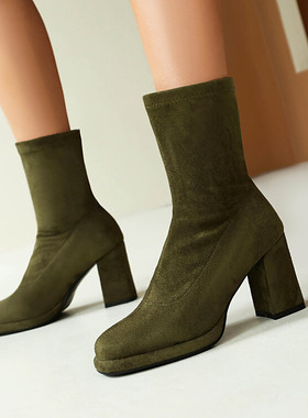 休闲百搭防水台粗跟弹力靴军绿色绒面高跟短靴大码44 45 46 47 48