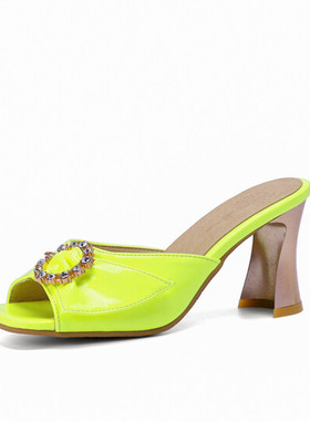 荧光绿色漆皮鱼嘴鞋大码44 45 46 47 48 49 50码高跟凉拖鞋紫色