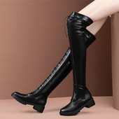 50码 机车靴大码 过膝长靴系带粗中跟骑士靴马靴