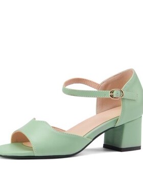 绿色女鞋子搭扣鱼嘴粗跟凉鞋小码31 32 33码中跟鱼嘴鞋四季鞋大码