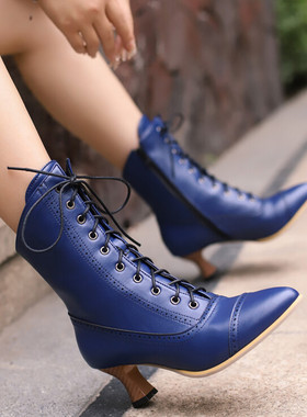 蓝色女靴子银色时装靴拉链系带显瘦尖头中跟短靴大码45 46 47 48