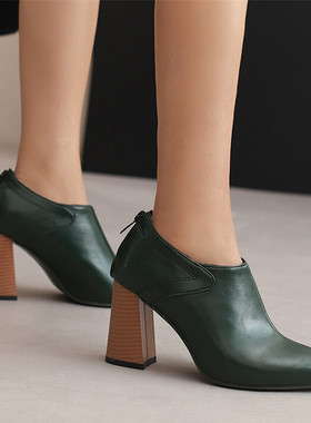 深口高跟鞋大码46 47 48 49 50码粗跟短靴子墨绿色拉链尖头粗跟鞋