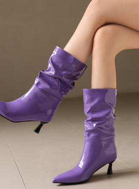 粉色女靴子皱褶绿色高跟靴子紫色漆皮中筒靴大码44 45 46 47 48