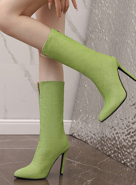 绿色时装靴后拉链显瘦尖头超高跟中筒靴大码44 45 46 47 48 49 50