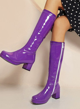 橙色女靴黄色漆皮高筒靴绿色漆皮靴子粗中跟漆皮中筒靴大码44-48