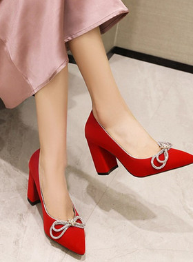 性感蝴蝶结水钻高跟鞋红色新娘鞋蓝色粗跟单鞋大码44 45 46 47 48