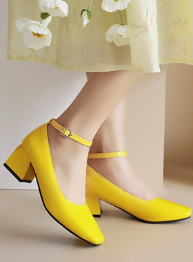 糖果色漆皮方头中跟单鞋大码44 45 46 47 48 49 50码粗跟单鞋黄色