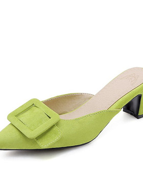 青色女鞋绿色拖鞋皮带方扣尖头粗跟凉拖鞋大码43 44 45 46 47 48