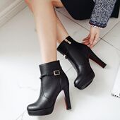防水台超高跟皮带扣短靴大码 46粗跟马丁靴 欧美时尚