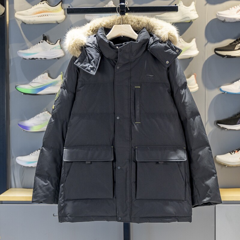 李宁保暖连帽中长款男子羽绒服