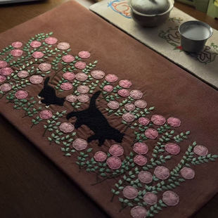 陶瓷茶席 手工刺子绣 茶席 茶垫子 全手工手绣 高档茶席26*50CM