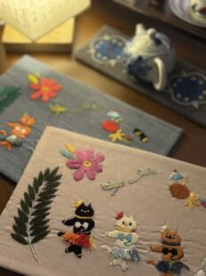 20*30纯棉手工绣制茶席 茶具配件 桌垫 草裙舞的猫  厂家订制批发