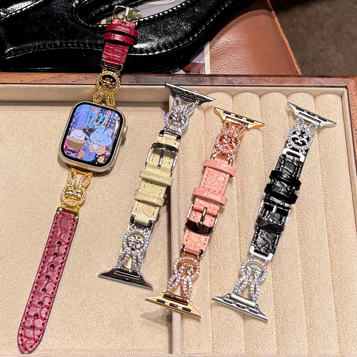 苹果手表891011铜链拼接真皮腕带