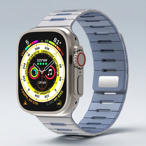 适用苹果iwatch11se3ultra硅胶手表带10横纹透气双色磁吸运动腕带