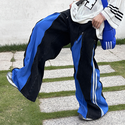 ANDLIFE品牌REMAKE解构设计拼色弯刀牛仔裤潮牌男女同款阔腿裤