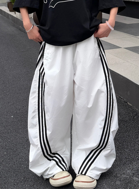 ANDLIFE品牌撞色拉链三条杠休闲速干裤男女同款嘻哈阔腿伞兵裤