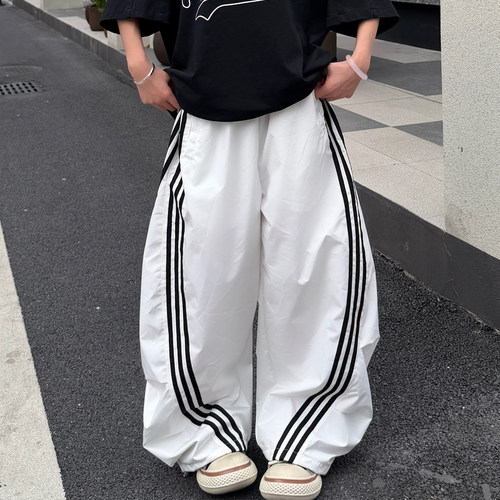 ANDLIFE品牌撞色拉链三条杠休闲速干裤男女同款嘻哈阔腿伞兵裤