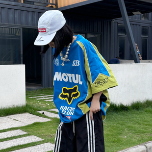 ANDLIFE品牌恶搞重工拼接拼色MOTUL赛车短袖 2025 潮牌男女街舞夏季