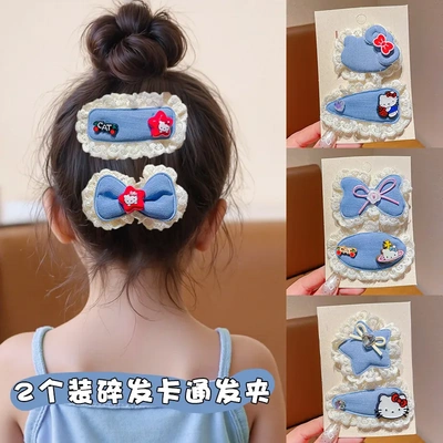 女孩甜美布艺牛仔凯蒂猫发夹蕾丝蝴蝶结BB夹儿童可爱百搭头饰夹子