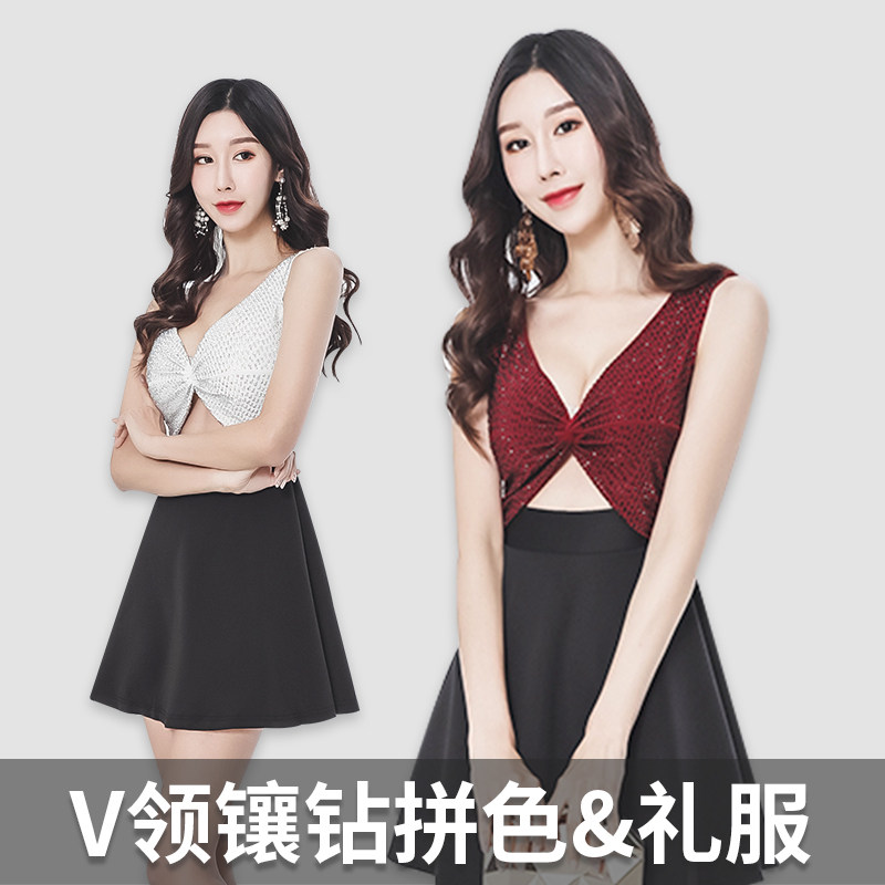 礼服主持人日常低胸交叉摆夜店聚会心机高端宴会黑红拼接短款礼服