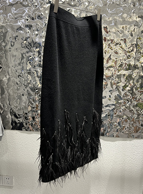 决美！小浪慢羊绒半身裙～鸵鸟毛黑色包裙长半身裙小孩与小狗家