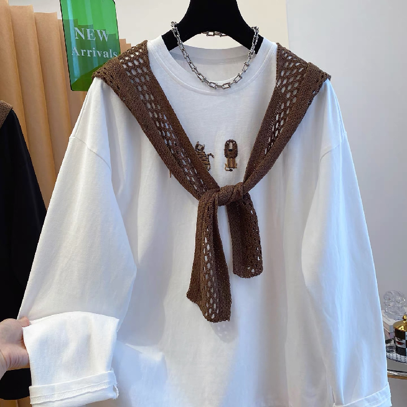 胖MM大码240斤卡通刺绣网状披肩长袖T恤女春秋季两件套宽松大版衫