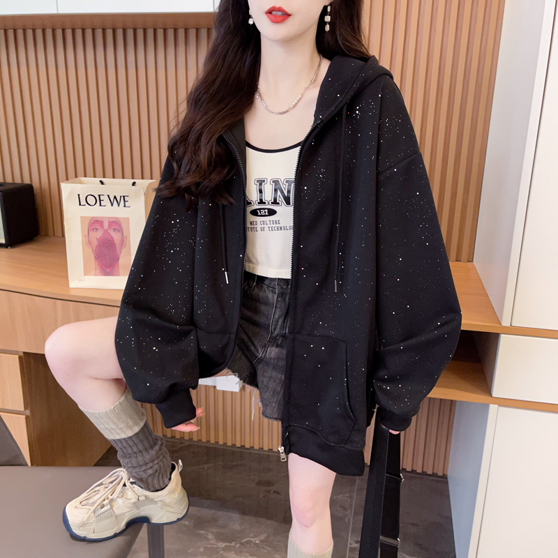亮闪闪开衫连帽卫衣外套女秋冬加绒加厚设计感小众高级感春秋上衣