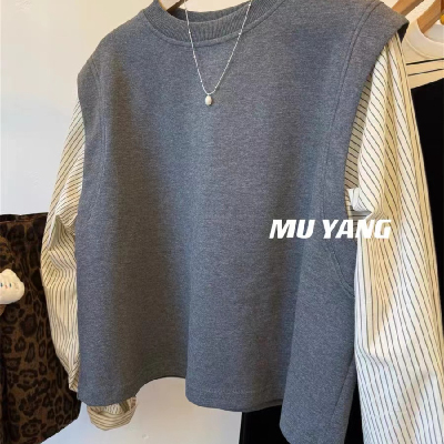 胖mm240斤大码韩系巨好看背心马甲拼接条纹假两件长袖衬衫女上衣