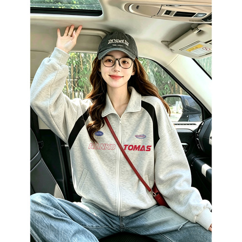 美式灰色拉链卫衣外套女大码宽松