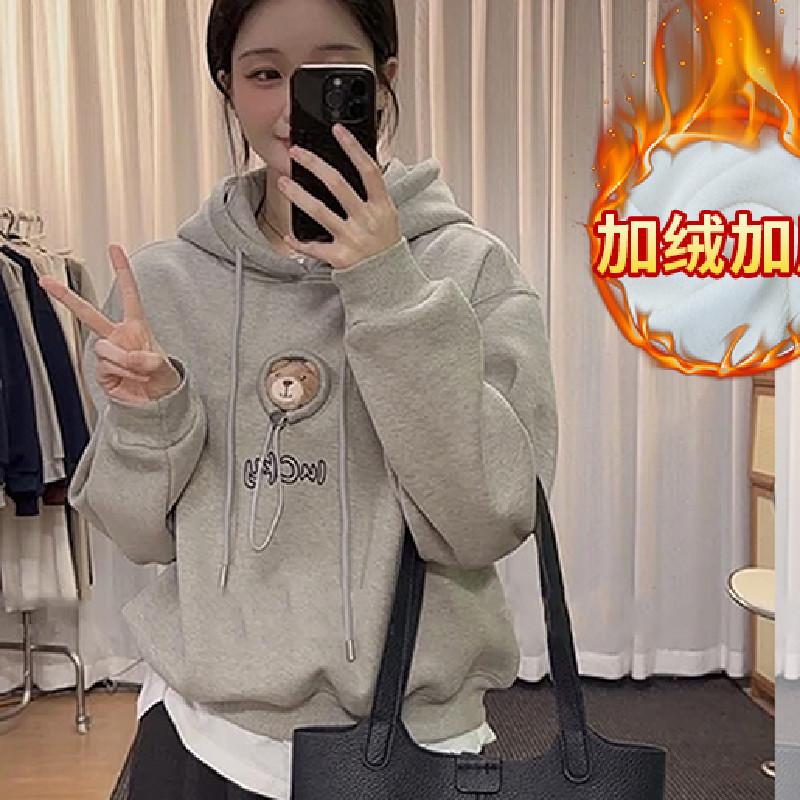 大码胖mm显瘦美式复古连帽卫衣女秋冬新款加绒设计感宽松外套上衣