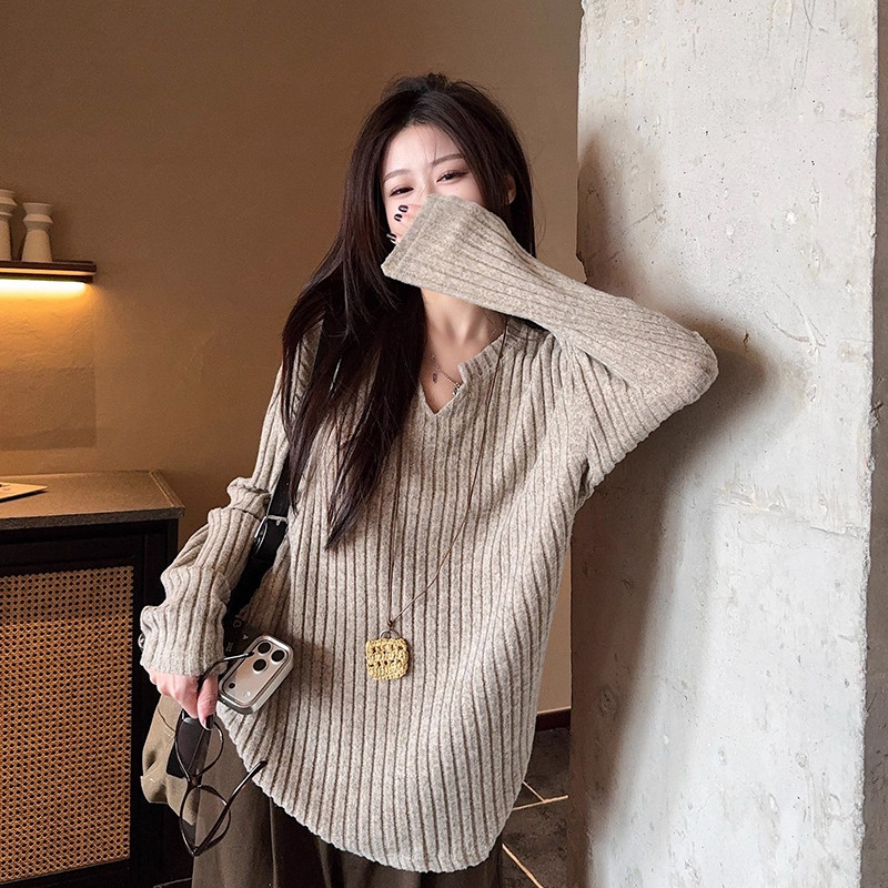 白色肌理感v领长袖t恤男女款秋季宽松慵懒风卫衣设计感内搭打底衫