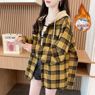 秋冬季加绒加厚格子衬衫外套女2025新款爆款大码宽松胖mm连帽上衣