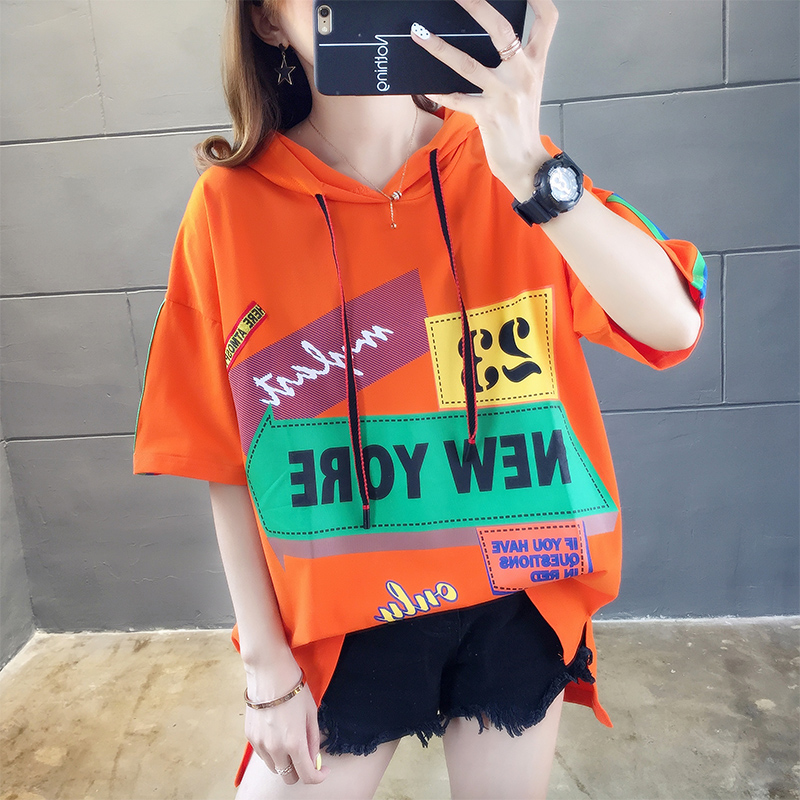2025夏装新款韩版胖mm大码宽松200斤短袖连帽T恤女半袖上衣体恤潮