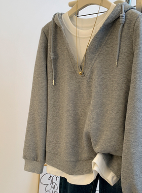 胖MM大码240斤灰色加绒加厚连帽卫衣女秋冬宽松大版假两件外套衫