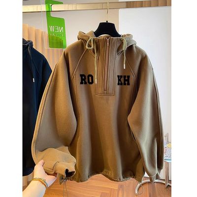 加肥大码加绒加厚连帽卫衣外套女秋冬新款宽松中山休闲半拉链上衣