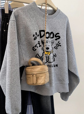 胖MM大码240斤灰色卡通减龄圆领卫衣女春秋季宽松大版外套内搭衫