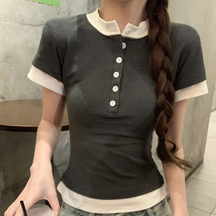 正肩修身短袖T恤女夏季2026新款短款撞色圆领韩版减龄初中生上衣