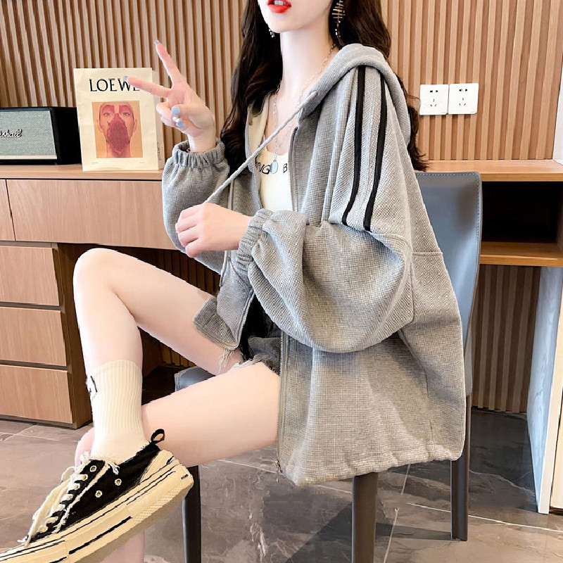 棒球服开衫拉链外套连帽卫衣女秋冬薄款中长款学生特大码胖mm显瘦