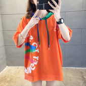 新款 超大码 胖mm带帽短袖 2025夏装 卫衣女薄款 宽松纯棉上衣女t恤潮