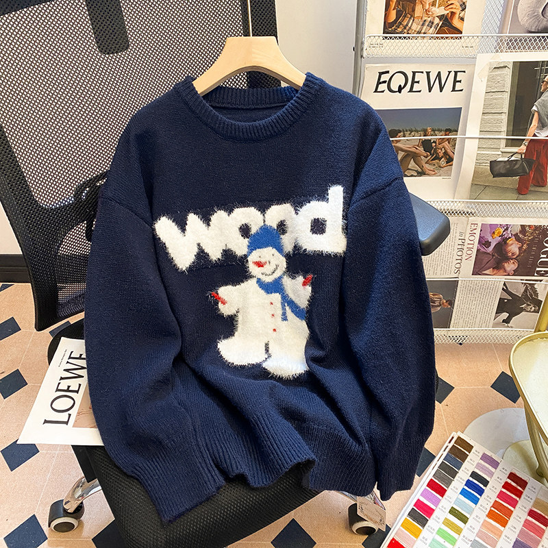 毛绒雪人藏青色毛衣女秋冬爆款软糯圆领宽松小众设计感针织衫上衣