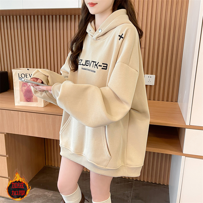 宽松慵懒风连帽卫衣女加绒加厚秋冬款胖mm大码超好看爆款刺绣上衣