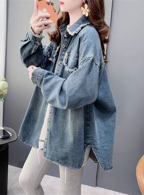 牛仔衬衫外套女春秋薄款中长款欧货宽松韩版特大码胖mm复古上衣冬